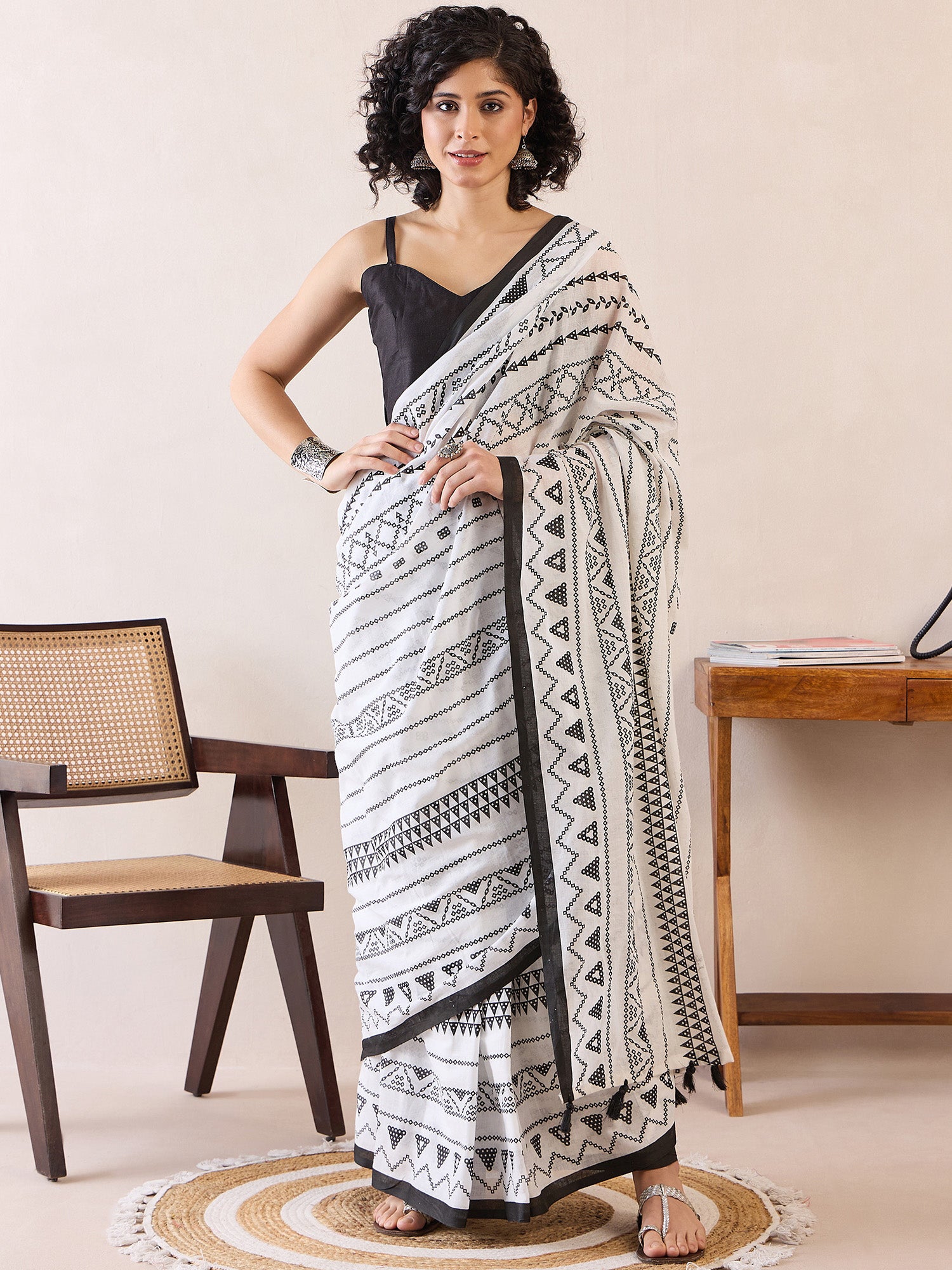 Women's Cotton White Printed Ready to Wear With Blouse Piece