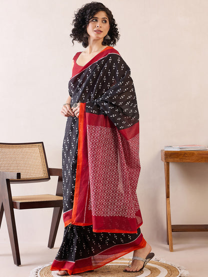 Women's Cotton Black Printed Ready to Wear With Blouse Piece