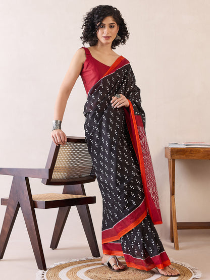 Women's Cotton Black Printed Ready to Wear With Blouse Piece