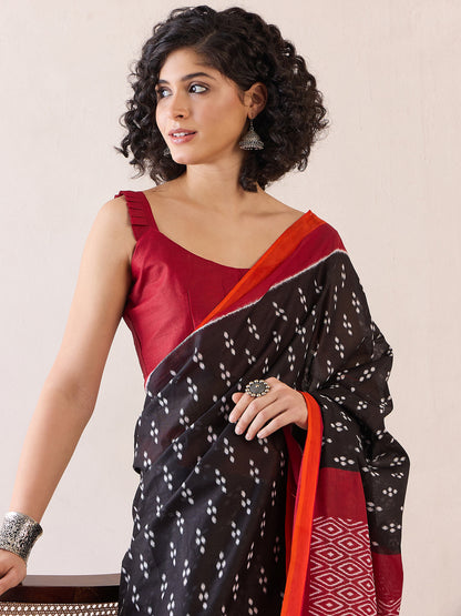 Women's Cotton Black Printed Ready to Wear With Blouse Piece
