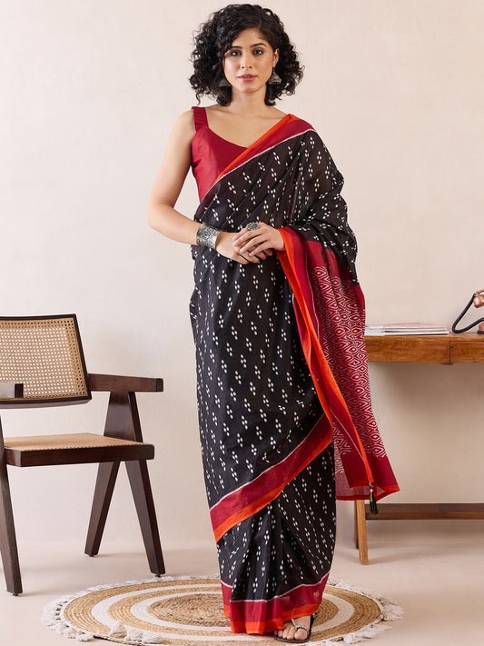 Women's Cotton Black Printed Ready to Wear With Blouse Piece