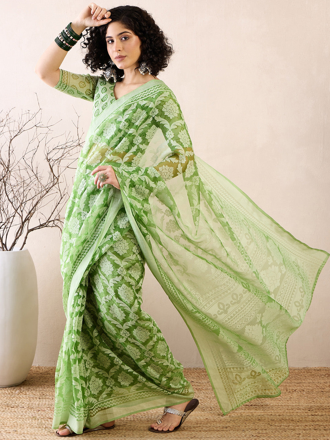 Women's Brasso Green Printed Ready to Wear With Blouse Piece