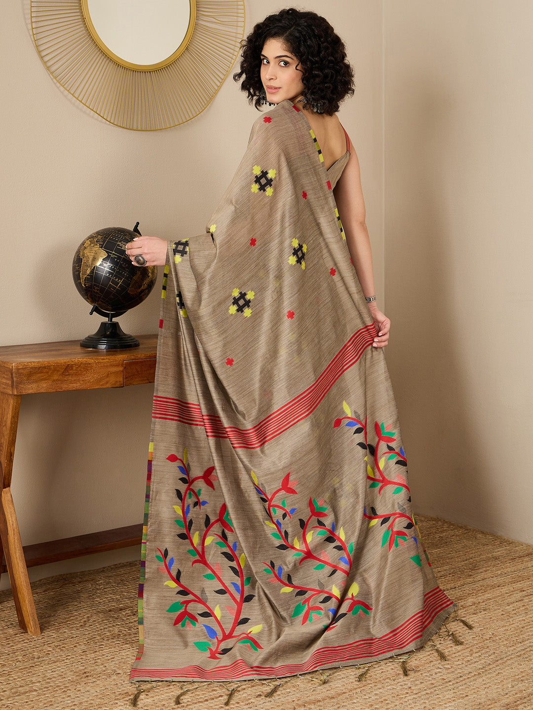Women's Cotton Silk Brown Woven Design Ready to Wear With Blouse Piece