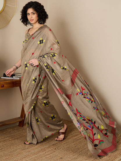 Women's Cotton Silk Brown Woven Design Ready to Wear With Blouse Piece