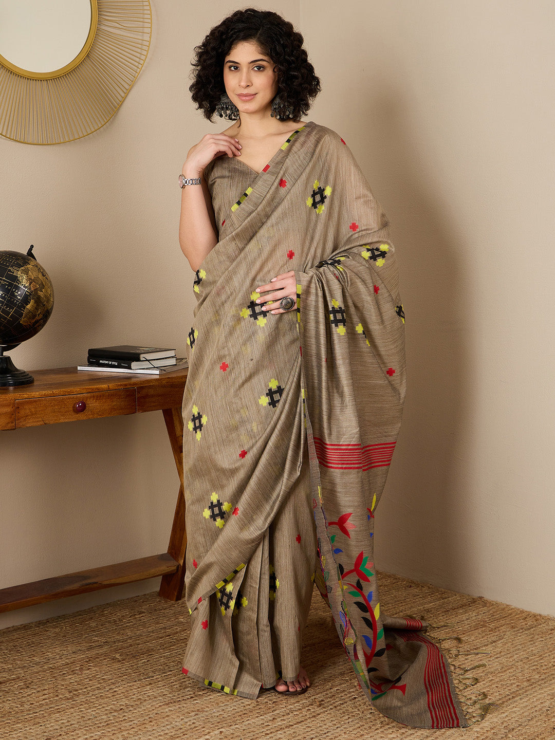 Women's Cotton Silk Brown Woven Design Ready to Wear With Blouse Piece