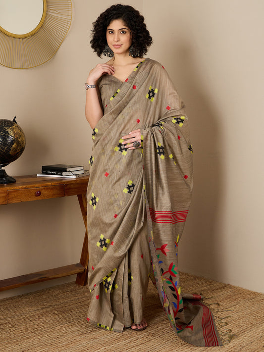 Women's Cotton Silk Brown Woven Design Ready to Wear With Blouse Piece