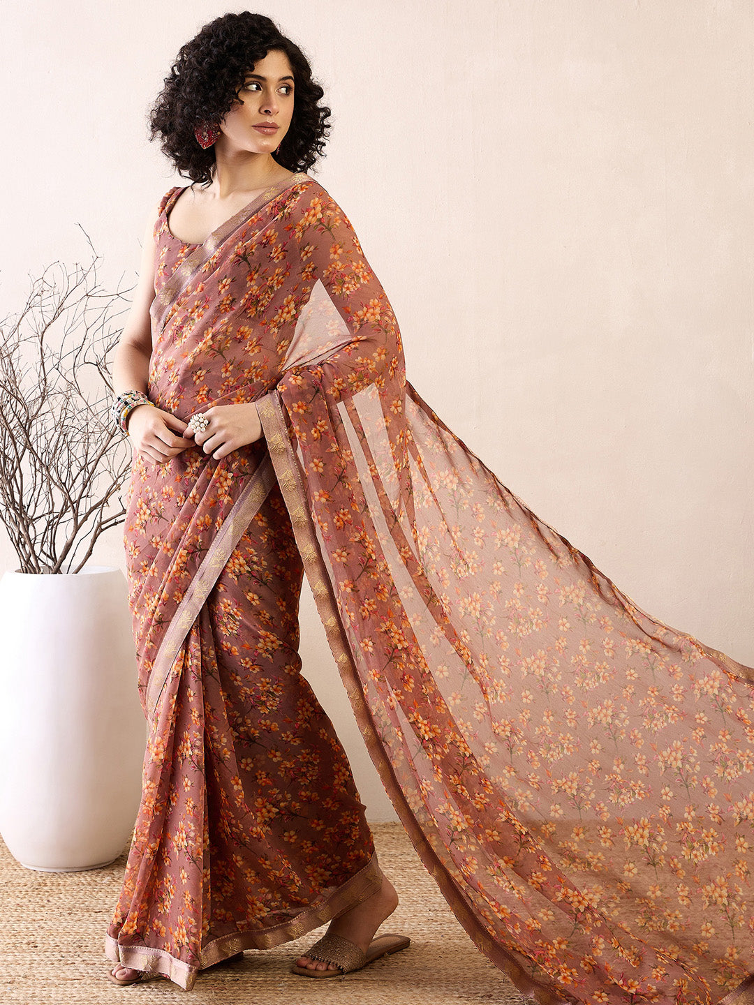 Women's Georgette Brown Printed Ready to Wear With Blouse Piece