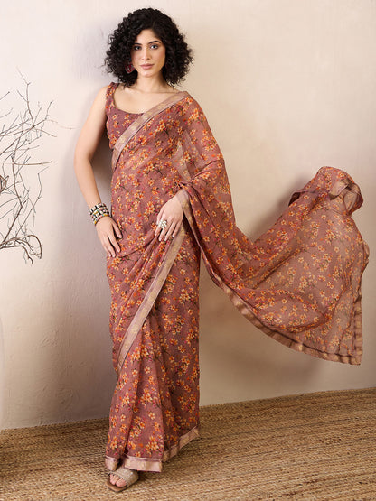 Women's Georgette Brown Printed Ready to Wear With Blouse Piece