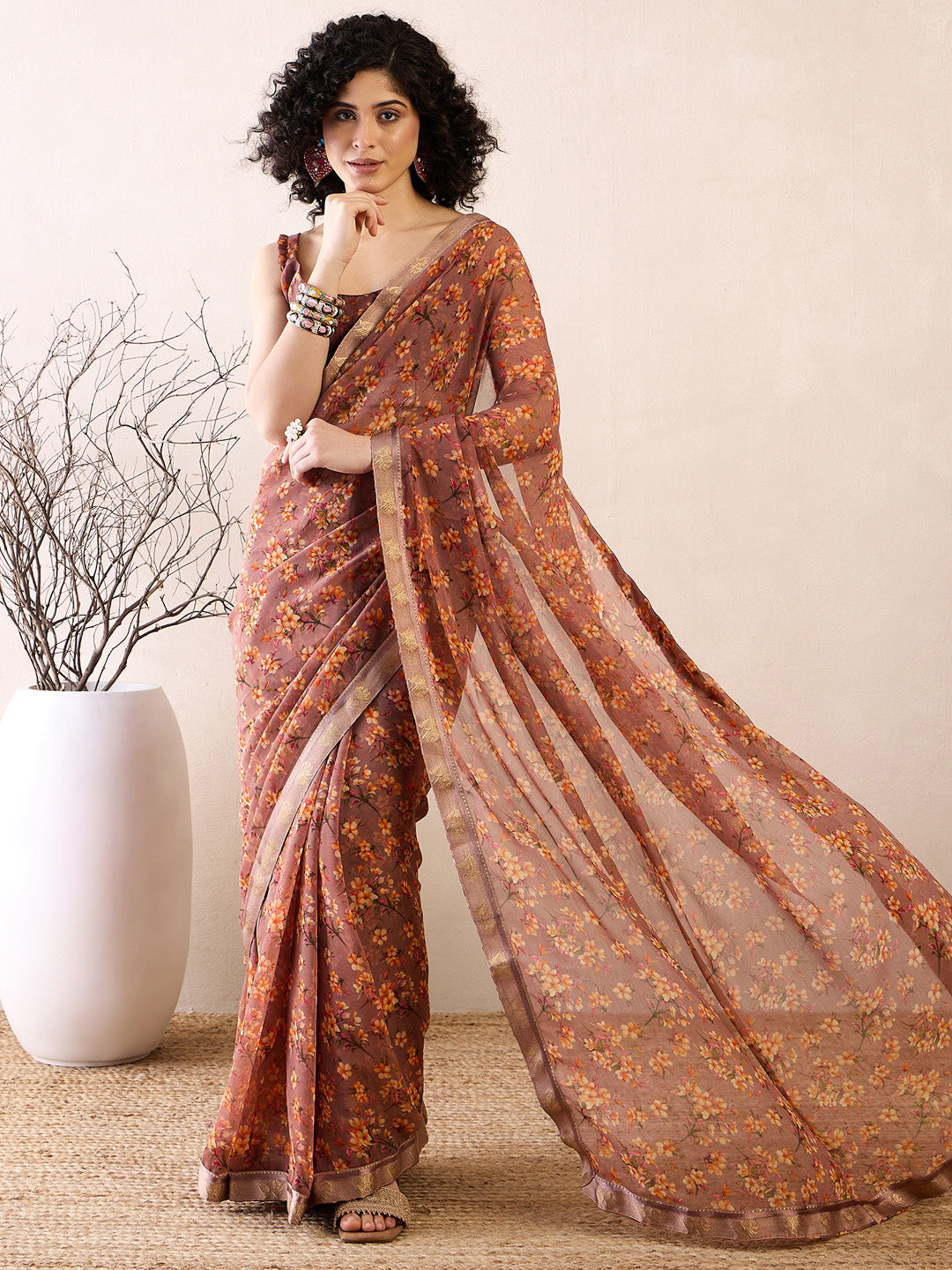 Women's Georgette Brown Printed Ready to Wear With Blouse Piece