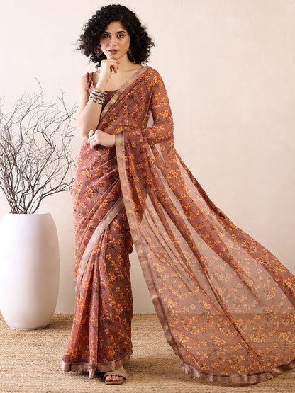 Women's Georgette Brown Printed Ready to Wear With Blouse Piece