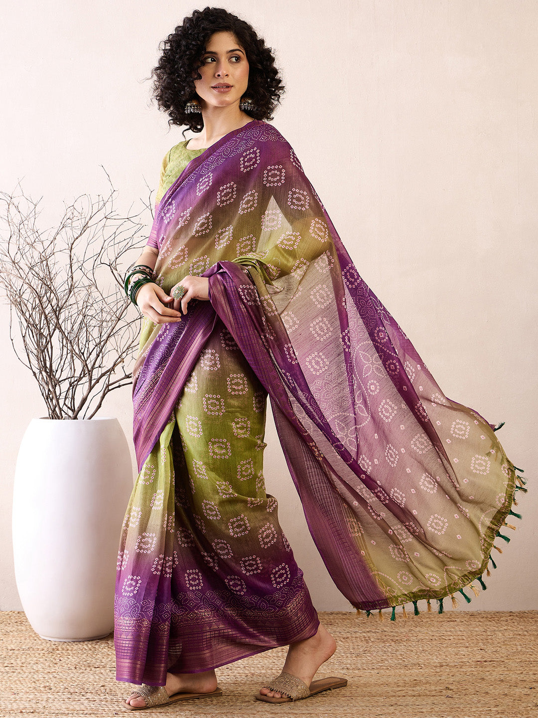 Women's Linen Purple Printed Ready to Wear With Blouse Piece