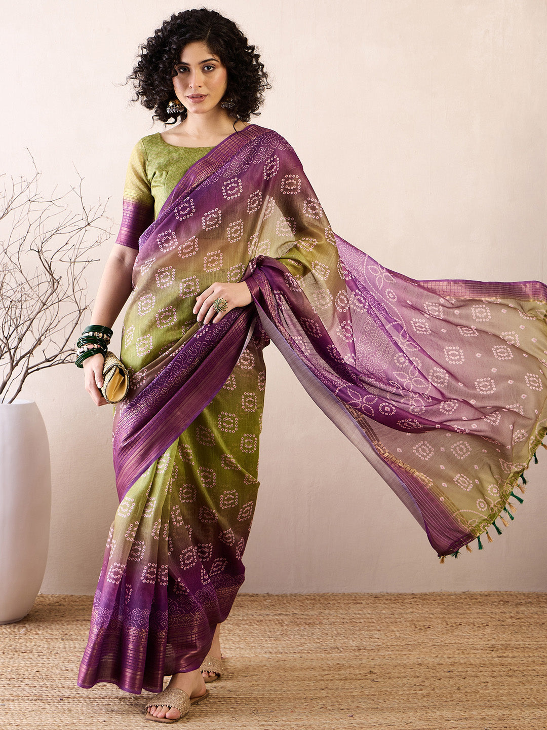 Women's Linen Purple Printed Ready to Wear With Blouse Piece