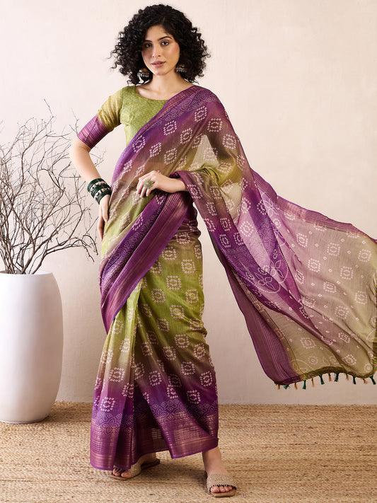 Women's Linen Purple Printed Ready to Wear With Blouse Piece