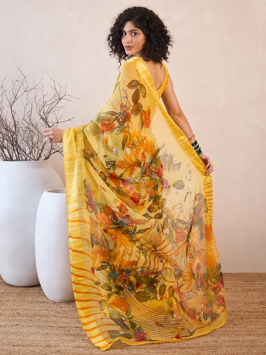 Women's Linen Yellow Printed Ready to Wear With Blouse Piece