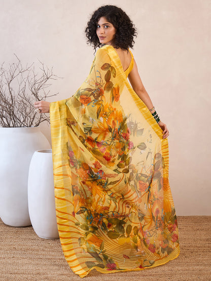 Women's Linen Yellow Printed Ready to Wear With Blouse Piece