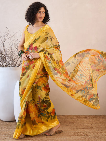 Women's Linen Yellow Printed Ready to Wear With Blouse Piece