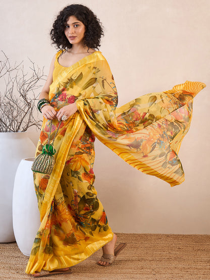 Women's Linen Yellow Printed Ready to Wear With Blouse Piece