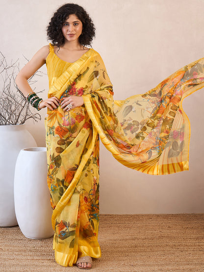 Women's Linen Yellow Printed Ready to Wear With Blouse Piece