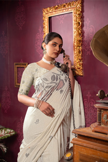 Dhiyona GR Women's Ruby Beige & Pink Mul Cotton Woven Saree