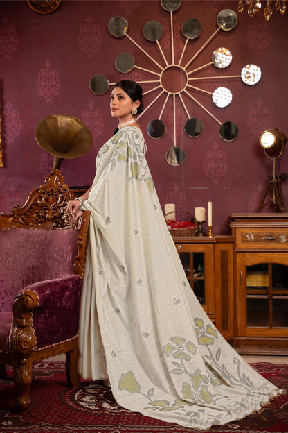Dhiyona GR Women's Ruby Beige & Pista Mul Cotton Woven Saree