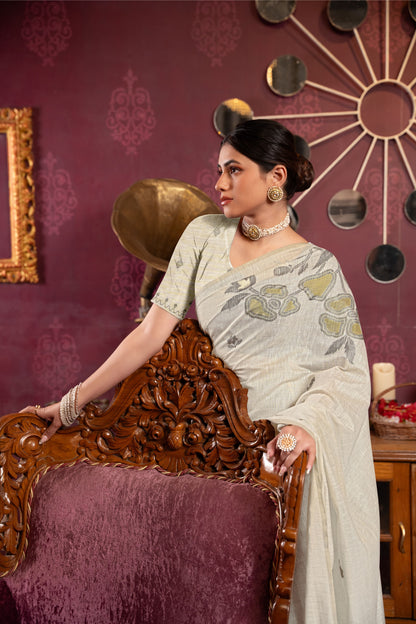 Dhiyona GR Women's Ruby Beige & Pista Mul Cotton Woven Saree
