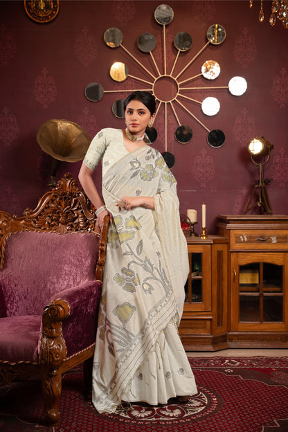 Dhiyona GR Women's Ruby Beige & Pista Mul Cotton Woven Saree