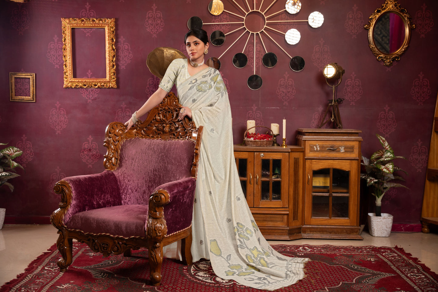 Dhiyona GR Women's Ruby Beige & Pista Mul Cotton Woven Saree