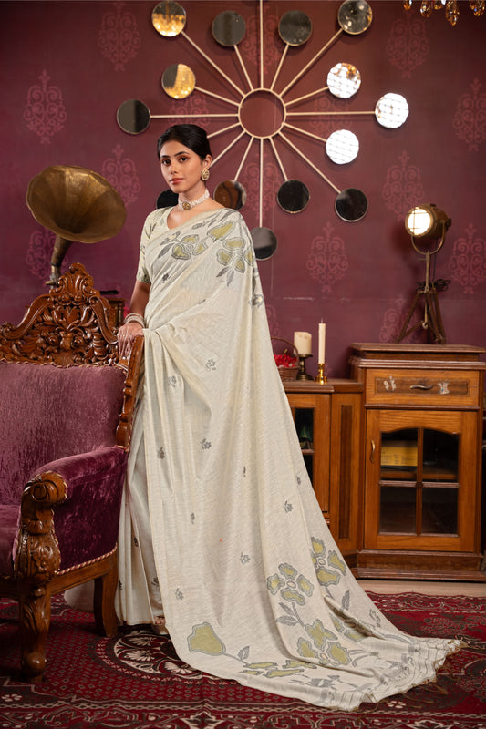 Dhiyona GR Women's Ruby Beige & Pista Mul Cotton Woven Saree