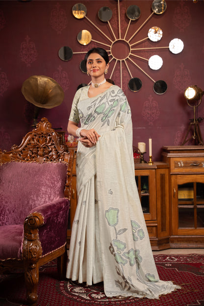 Dhiyona GR Women's Ruby Beige & Sea Green Mul Cotton Woven Saree