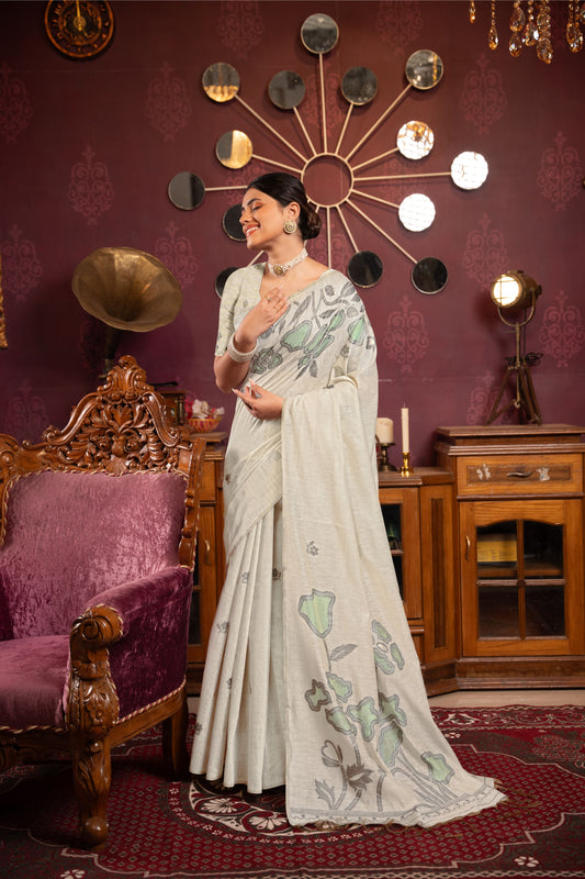 Dhiyona GR Women's Ruby Beige & Sea Green Mul Cotton Woven Saree