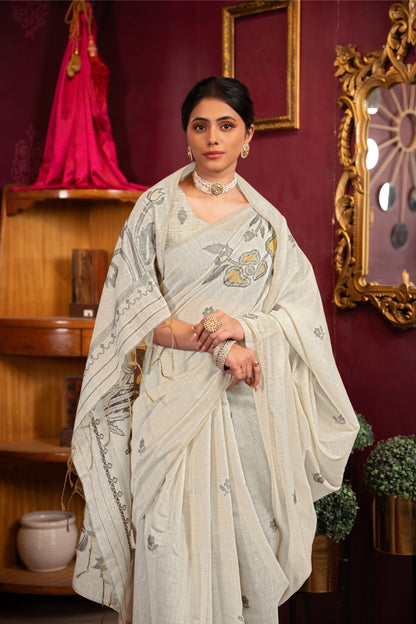 Dhiyona GR Women's Ruby Beige & Yellow Mul Cotton Woven Saree