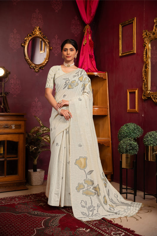 Dhiyona GR Women's Ruby Beige & Yellow Mul Cotton Woven Saree