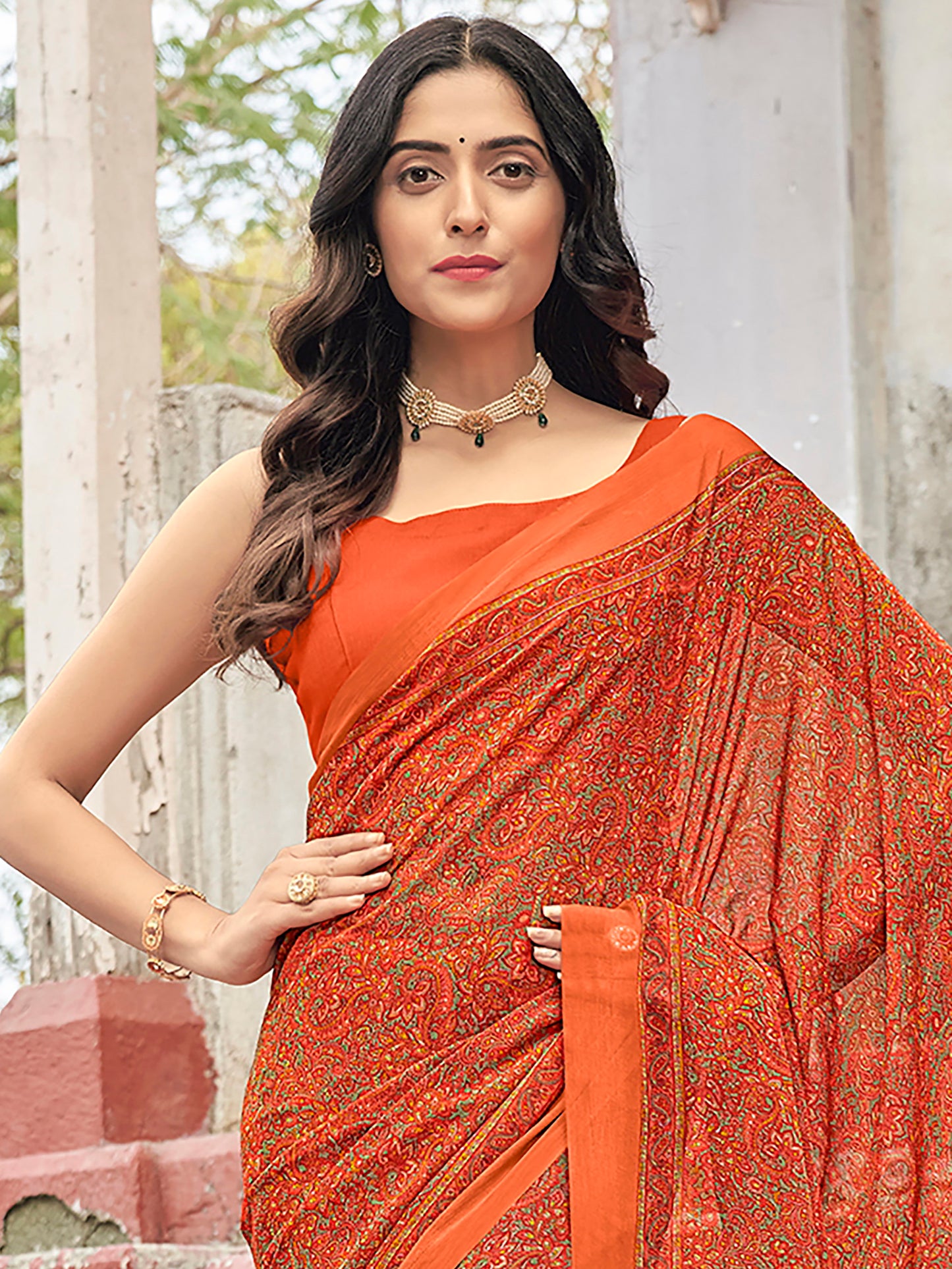 Women's Chiffon Orange Printed Designer Saree With Blouse Piece