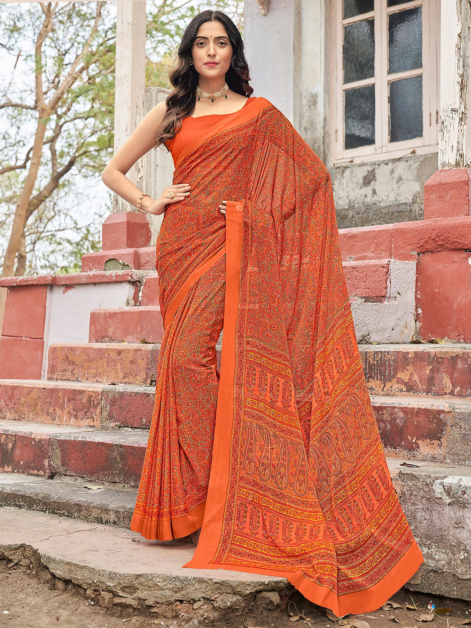 Women's Chiffon Orange Printed Designer Saree With Blouse Piece