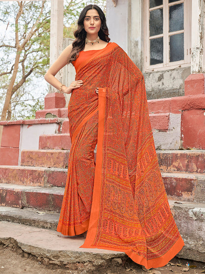 Women's Chiffon Orange Printed Designer Saree With Blouse Piece