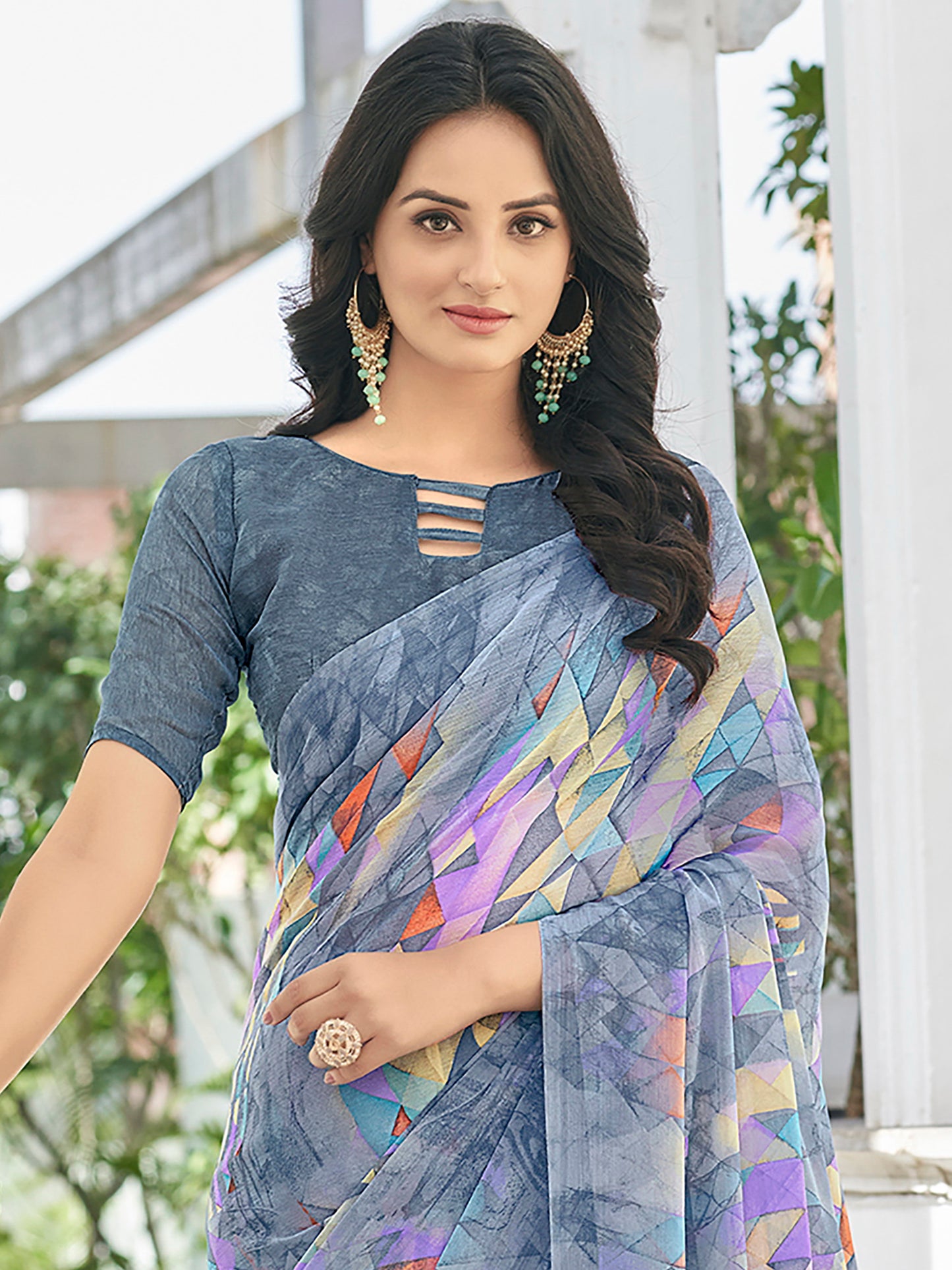 Women's Chiffon Grey Printed Designer Saree With Blouse Piece