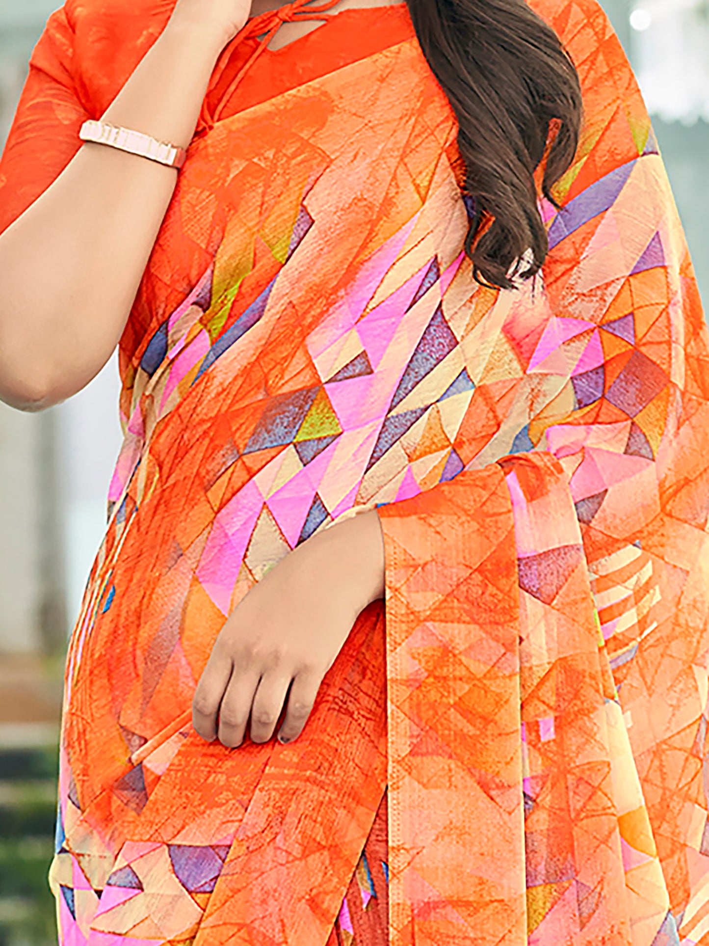 Women's Chiffon Orange Printed Designer Saree With Blouse Piece
