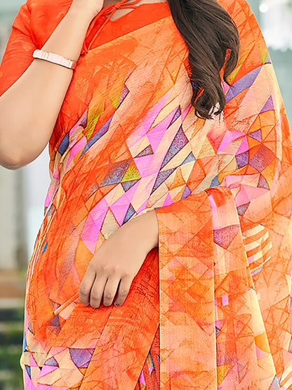 Women's Chiffon Orange Printed Designer Saree With Blouse Piece