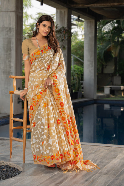 Dhiyona GR Women's Ruhani Cookie Beige Cotton Jamdani Saree