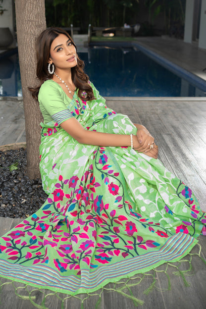 Dhiyona GR Women's Ruhani Mint Green Cotton Jamdani Saree