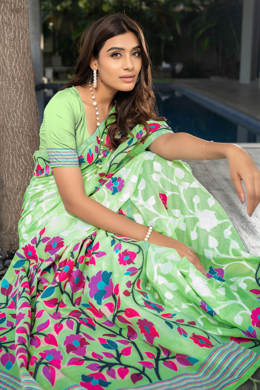 Dhiyona GR Women's Ruhani Mint Green Cotton Jamdani Saree