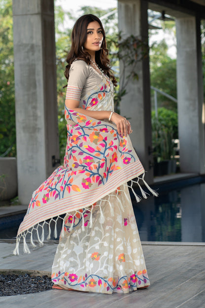 Dhiyona GR Women's Ruhani Simply Off-White Cotton Jamdani Saree