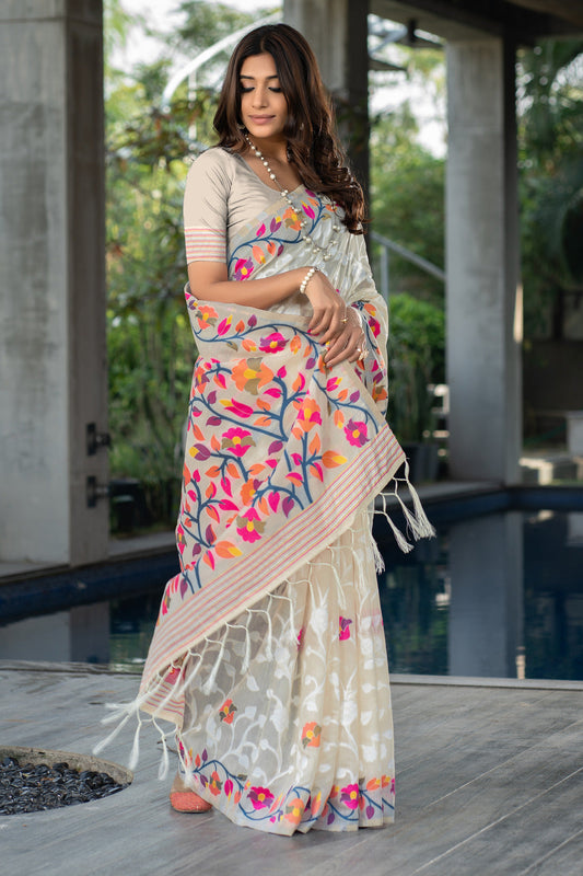 Dhiyona GR Women's Ruhani Simply Off-White Cotton Jamdani Saree