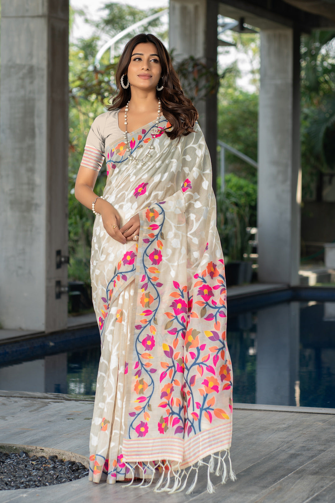 Dhiyona GR Women's Ruhani Simply Off-White Cotton Jamdani Saree