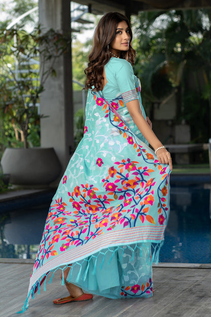 Dhiyona GR Women's Ruhani Sky Blue Cotton Jamdani Saree