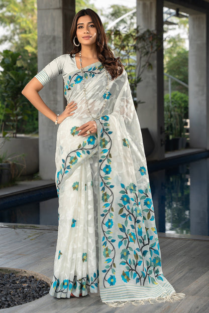 Dhiyona GR Women's Ruhani Marshmallow White Cotton Jamdani Saree