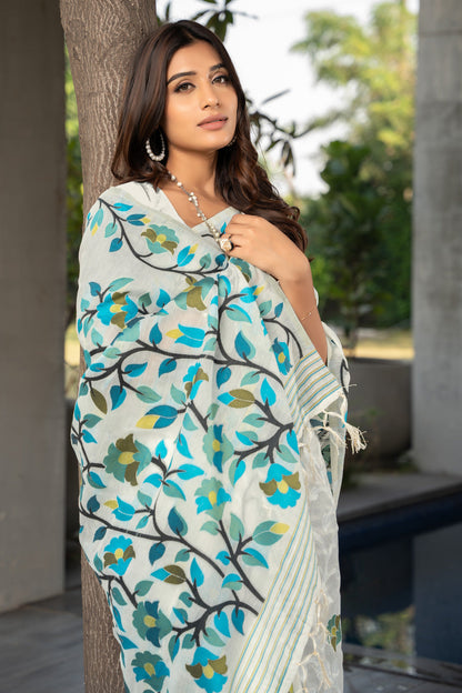 Dhiyona GR Women's Ruhani Marshmallow White Cotton Jamdani Saree