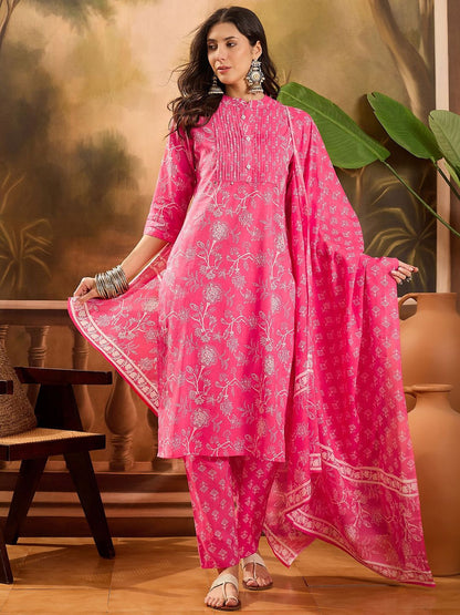 Dhiyona SN Women's Floral Printed Mandarin Collar Pure Cotton Straight Kurta With Trouser And Dupatta