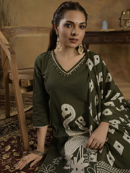 Dhiyona SN Women's Ethnic Motifs Sequinned Pure Cotton Kurti with Trousers & Dupatta