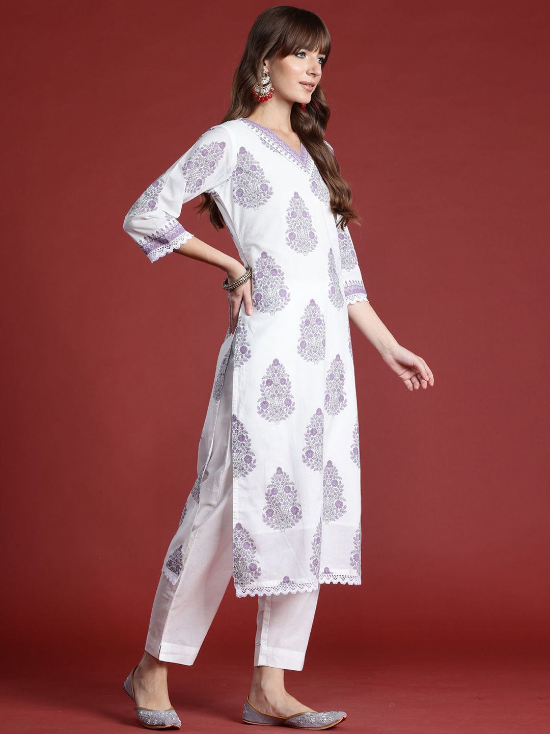 Floral Printed Sequinned V-Neck Pure Cotton Kurta with Trousers & Dupatta